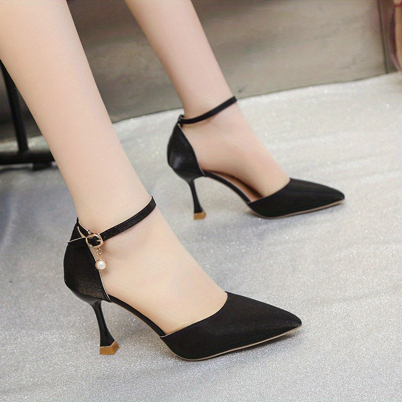 Women's elegant satin pointed toe high heels with ankle strap, perfect for evening events and weddings.