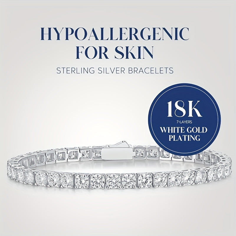 Sterling Silver Diamond Tennis Bracelet featuring a stunning 1pc Moissanite stone, totaling 15.5-19 carats. This beautiful piece is crafted with lab-grown diamonds and set in 925 sterling silver. The 5mm D Color VVS1 Round Cut Moissanite adds a touch of