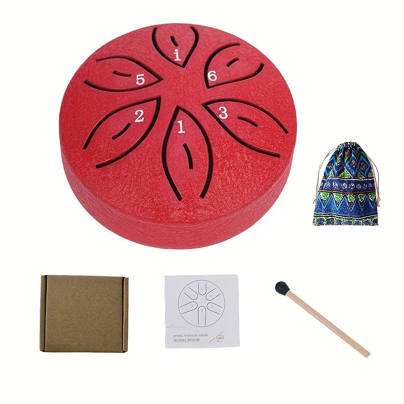 Mini steel tongue drum set with 6 notes, mallets, music book, case, and accessories.