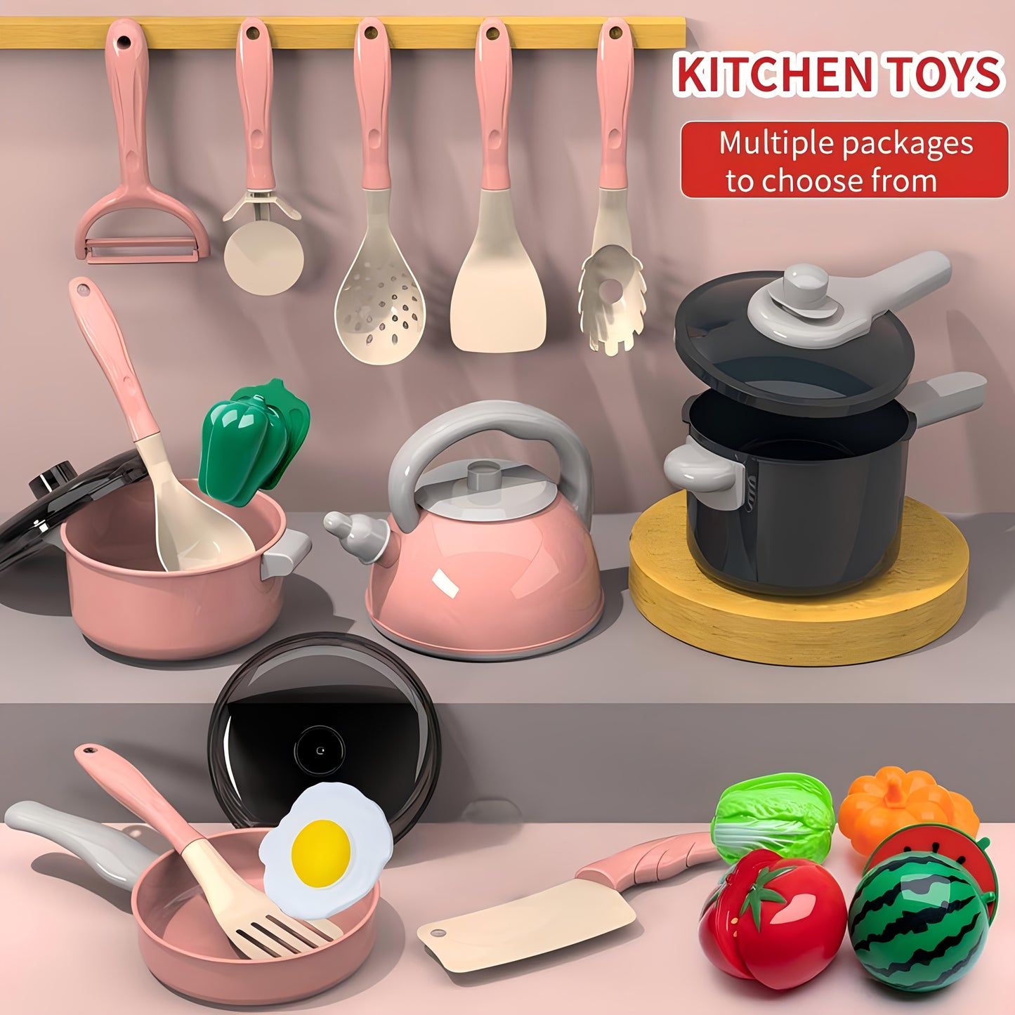 Pink Children's Play Kitchen Toys with simulated pots and pans, tableware, outdoor camping and picnic toys for kids. Ideal for festival gifts and birthdays.