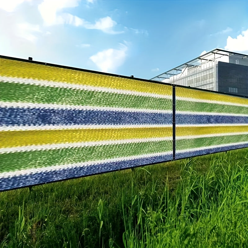 Vibrant outdoor privacy screen made from durable PE material with sunshade netting and anti-spy mesh, featuring hook-and-loop closure for year-round use.