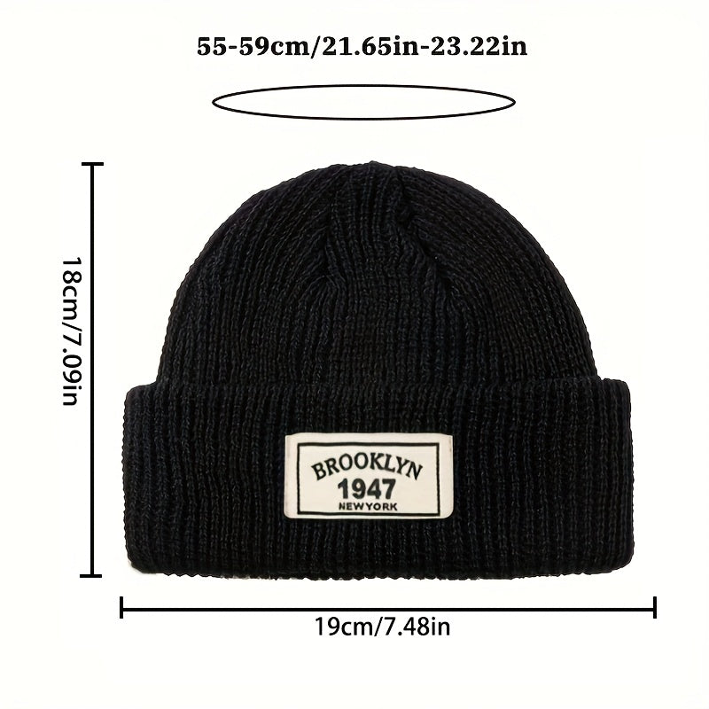 Knitted beanie for men - warm and elastic winter hat with letter patch, perfect for active leisure and holiday gifting, including Valentine's Day.