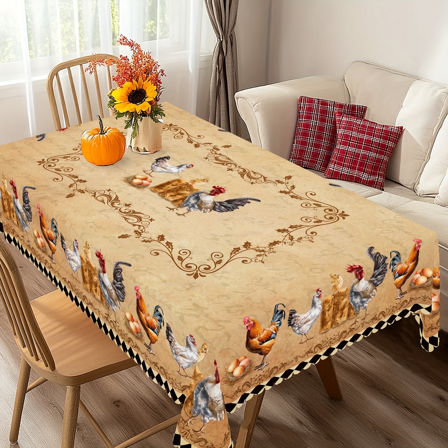 Retro farmhouse tablecloth featuring rooster, chick, and egg prints for daily use in homes, restaurants, terraces, picnics, and courtyards. Suitable for indoor and outdoor settings. Great gift for family and friends.