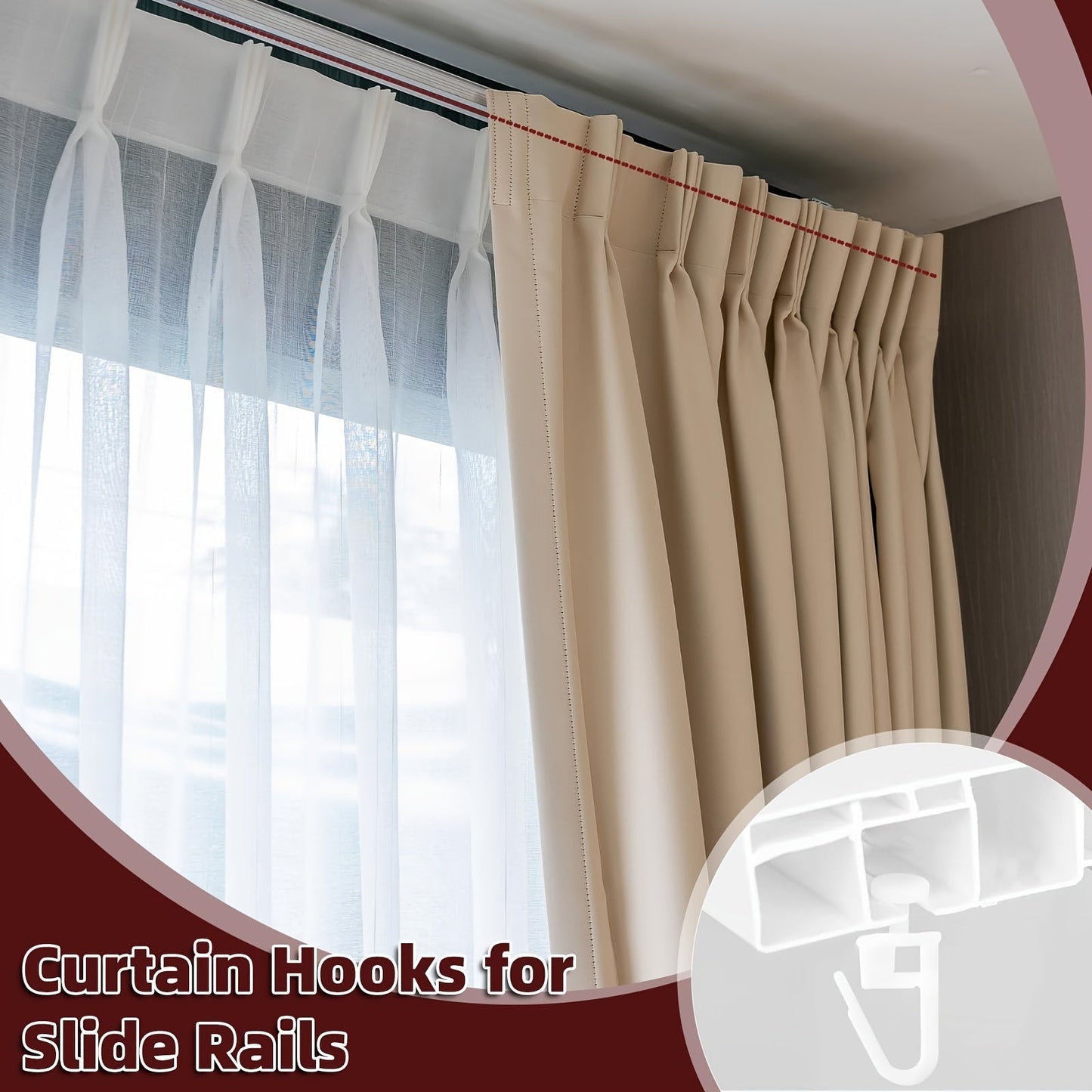 Set of 50 Art Deco Style Plastic Curtain Track Hooks in White Finish, Includes Easy-to-Use Lockable Foldable Gliders for Slide Rails, Compatible with 10mm Head Ceiling Curtain Tracks.