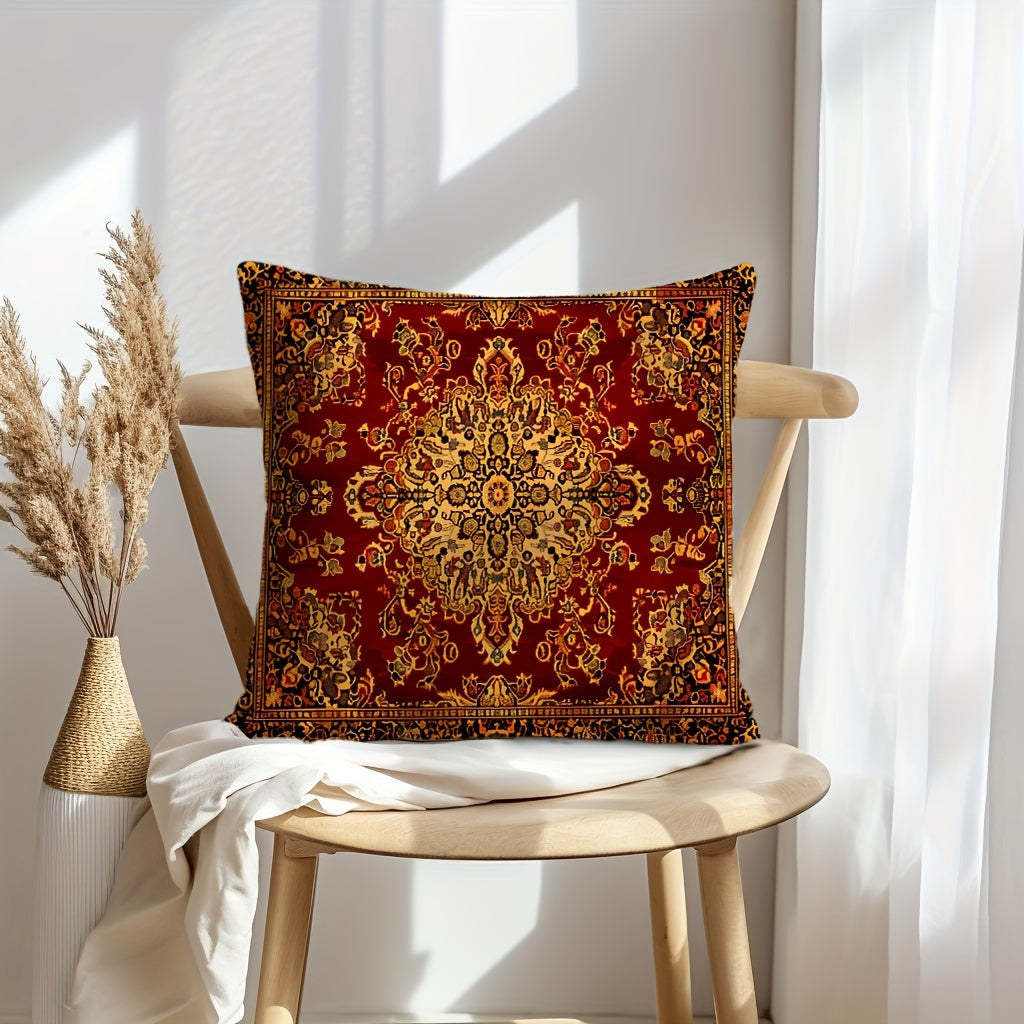 Geometric red tribal printed throw pillow cover in two sizes, perfect for home decor in living room or bedroom. Does not include pillow insert.