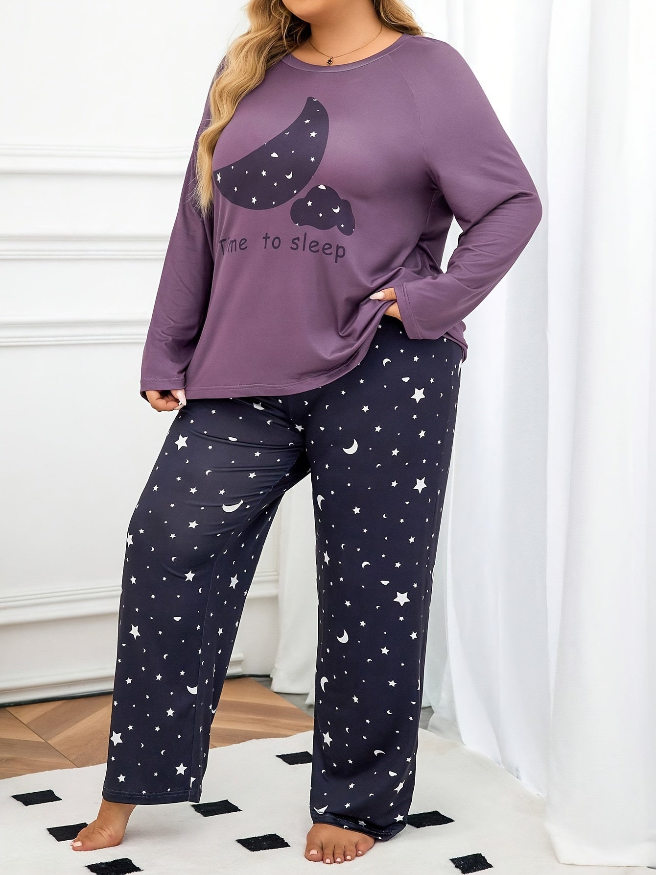 Purple two-piece set with moon pattern for summer and autumn, includes long-sleeved pants and cartoon print pajamas, great for home and outdoor wear, casual and comfortable for plus size