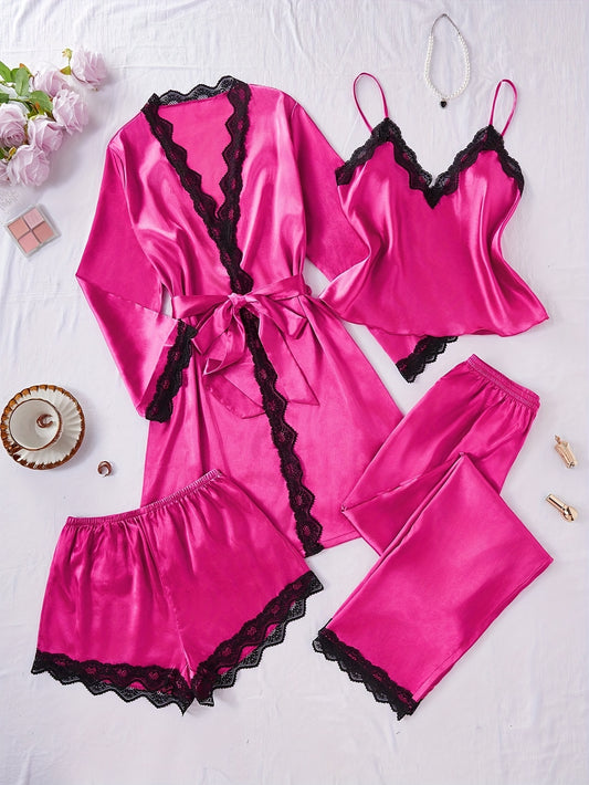 Sophisticated lace trim pajama set in solid polyester with camisole, shorts, pants, and robe for versatile sleepwear.