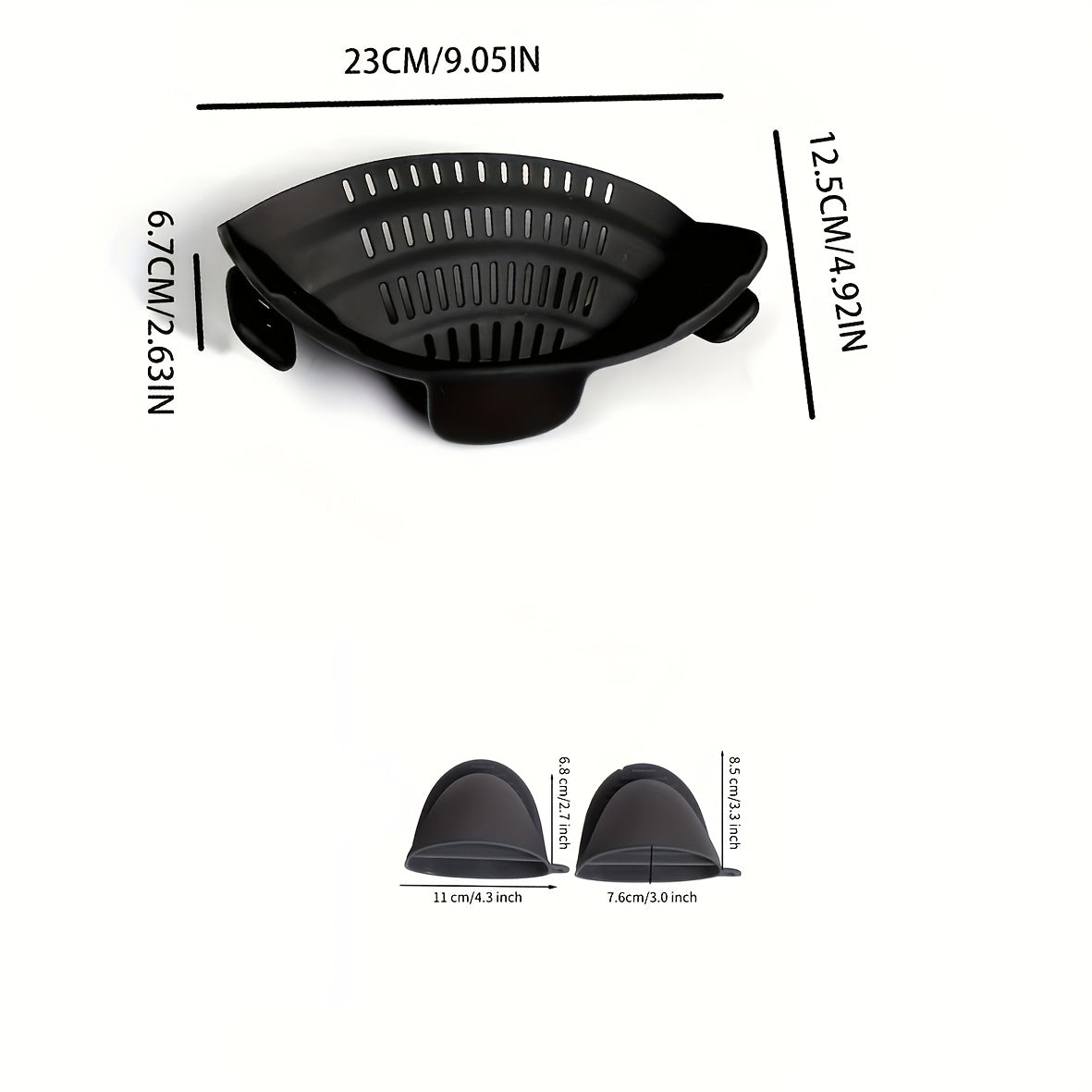 Get your hands on a convenient 3-piece kitchen gadget set that includes a silicone pot strainer, silicone oven mitts, and an adjustable silicone clip strainer. These tools are ideal for pots, frying pans, and bowls. The silicone oven mitts are a