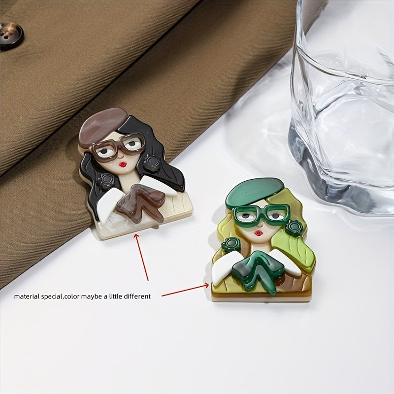 Chic and Simple Acrylic Girl with Glasses Brooch - A Touch of Quirky Elegance for Your Dresses, Sweaters, and Coats