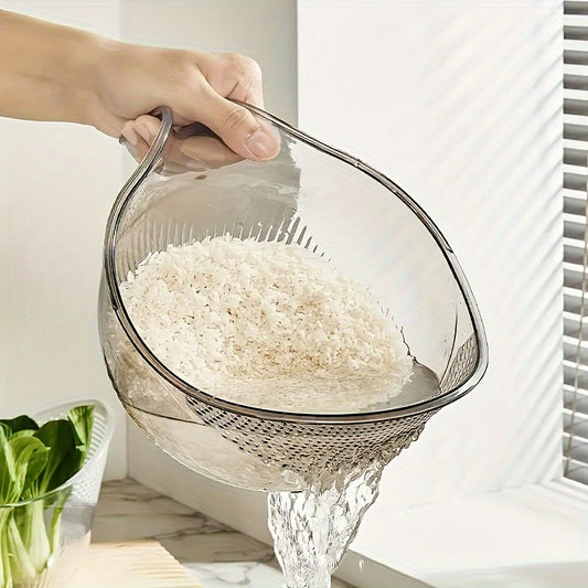 Versatile rice washing strainer basket made of durable plastic for draining and rinsing grains, fruits, and vegetables without needing electricity.