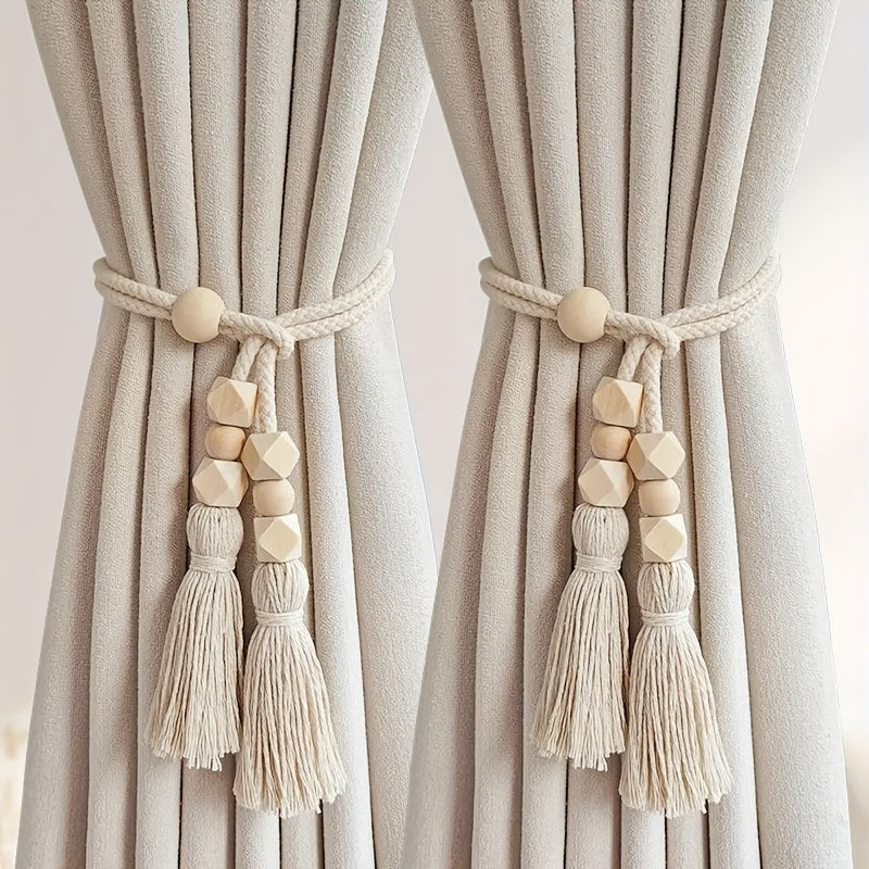 Set of 2 Bohemian Style Wooden Bead Curtain Tiebacks with Tassels - Stylish Holdbacks for Living Room, Bedroom, Kitchen Décor