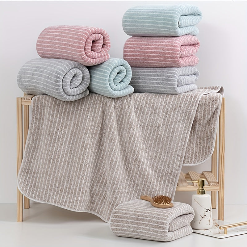 Set of 8 Striped Coral Velvet Towels including 2 Bath Towels, 2 Hand Towels, and 4 Washcloths. These soft, absorbent, and quick-drying towels are perfect for your household and also make great bathroom accessories or holiday gifts.