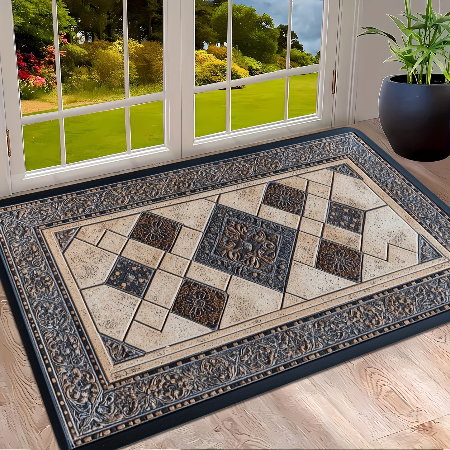 Rectangular door mat with decorative ceramic tile pattern, suitable for indoor and outdoor use. Made of machine washable polyester, ideal for living room, bedroom, kitchen, and office.