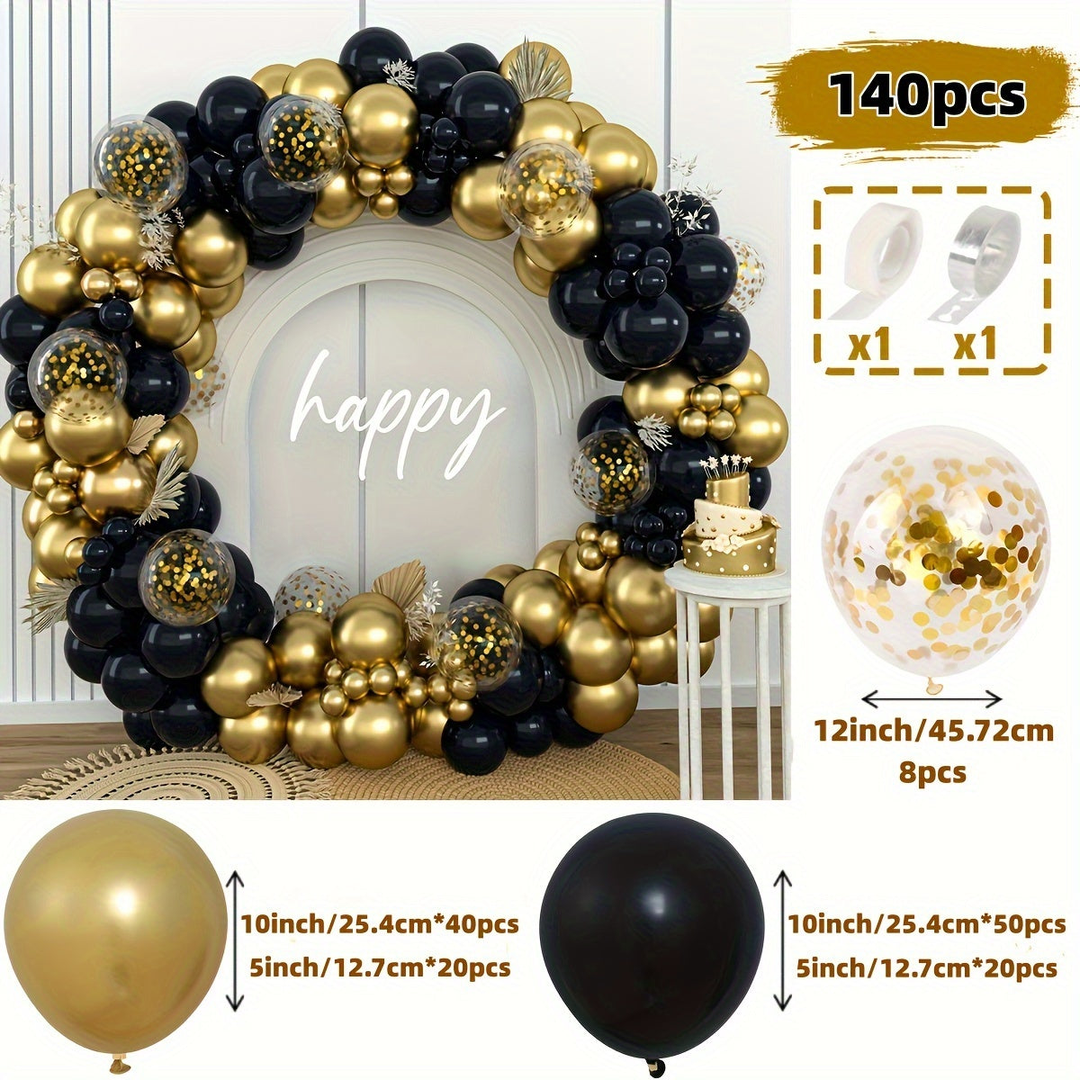 140pcs Black and Golden Latex Balloon Garland Arch Kit with Confetti Balloons for Various Celebrations and Milestones.