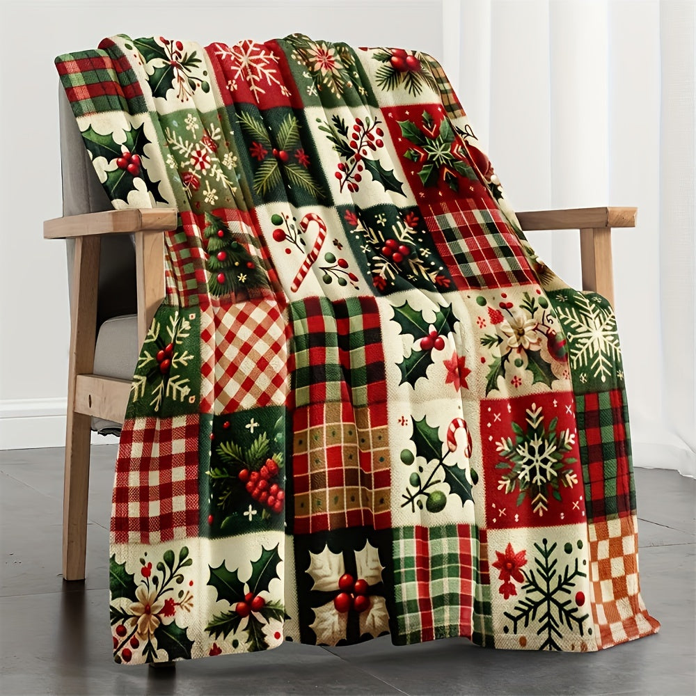 1 piece Traditional Christmas Patchwork Fleece Blanket featuring Festive Holiday Home Decor, Classic Red & Green Patterns. This blanket is Soft & Cozy, All-Season, Tear-Resistant, Machine Washable with a Digital Print design. Made of Polyester, Quilted