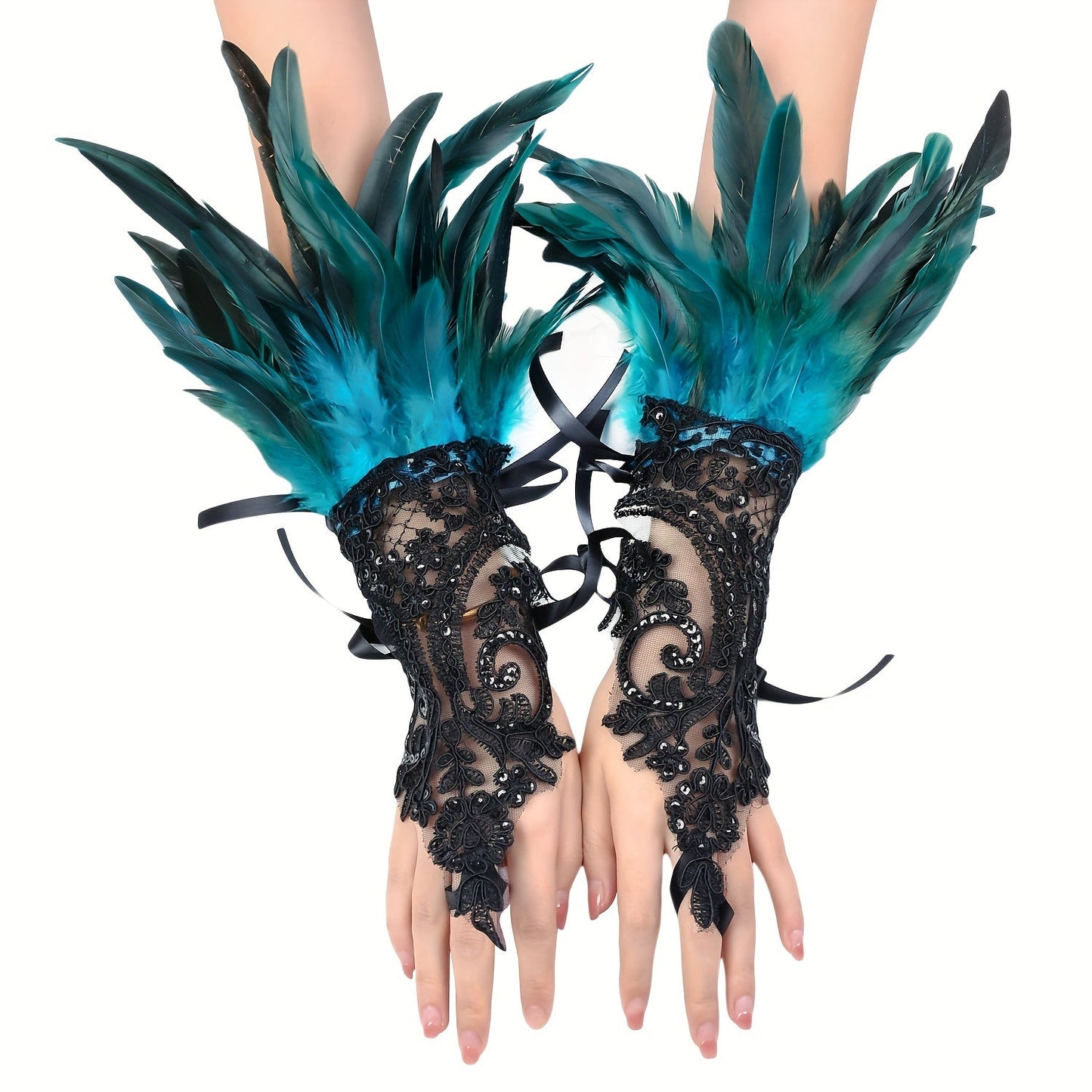 Chic Gothic-inspired gloves with faux feathers, monochrome lace, sequins, and lace-up hooks. Perfect for Halloween parties or dressing up your wrists.