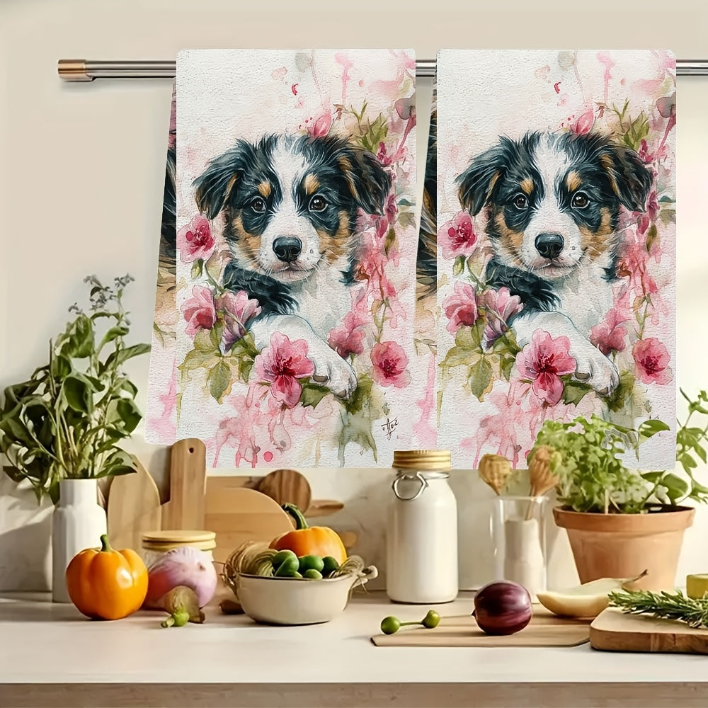 Two pieces of ultra soft kitchen towels featuring an adorable puppy and pink roses design. These towels are highly absorbent and quick-dry, making them perfect for Valentine's Day decor. They are machine washable and measure 40.64x60.96 cm.