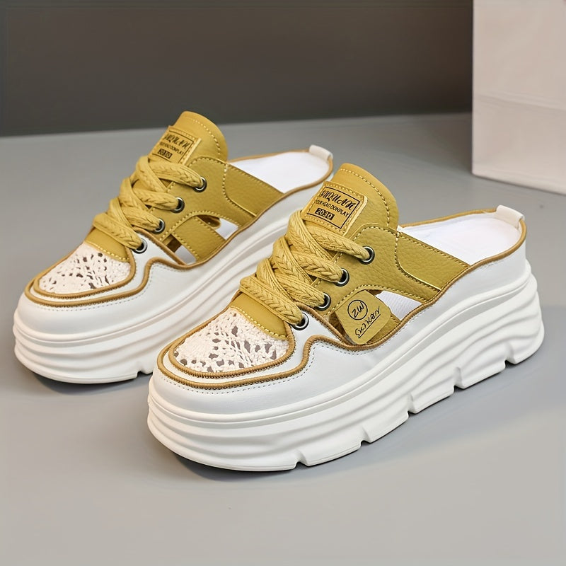 Women's breathable platform mule sneakers with cutout design, lace-up closure, and comfort for summer wear.