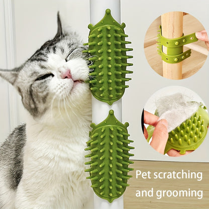 Rubber self-grooming cat scratcher mountable on walls or table legs with flexible bristles for pet massage and fur removal.