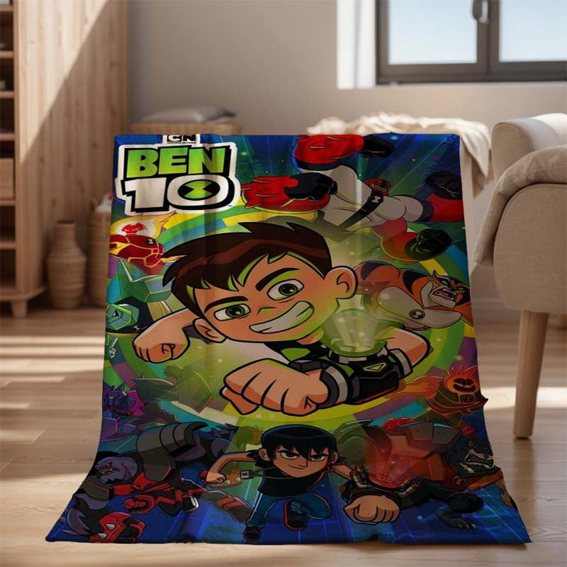 Ben 10 Cartoon Poster Flannel Fleece Blanket - Soft and Stylish, Perfect for All Seasons. Features Digital Print on Polyester Material, Lightweight at 250-300gsm. Versatile Gift for Couch, Bed, Beach, or Picnics.