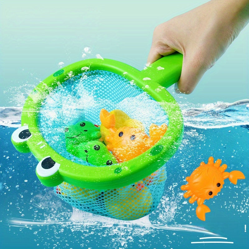 Kids' Bathtime Fun: Aqua Plastic Water Play Set with Fishing Net & Animal Toys for Boys and Girls