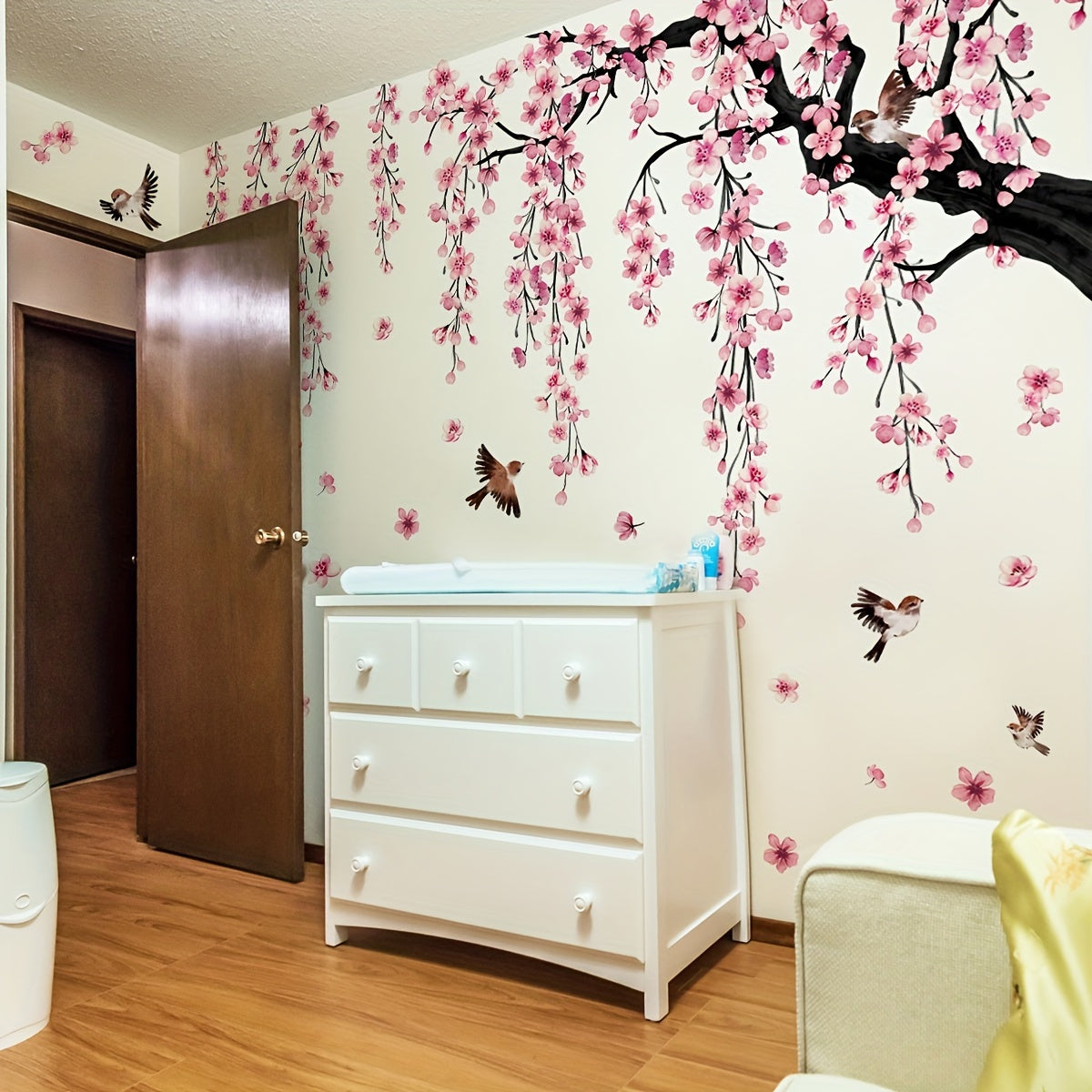 Set of 4 pink peach blossom tree bird falling flower stickers for living room, bedroom, and bathroom wall decor.