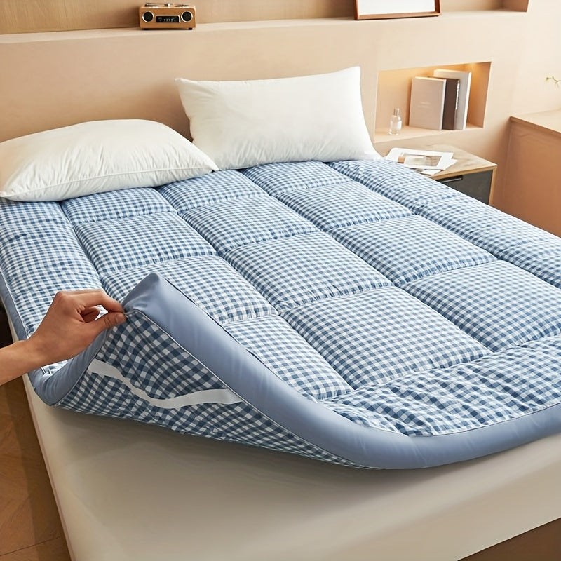 1pc Ultra-Soft Quilted Mattress Topper with Gingham Pattern, Polyester Fill, Elastic Fit for Bed Skirts 15.24-55.88cm, Machine Washable - Ideal for Bedroom, Guest Room, Dorm, Full Size