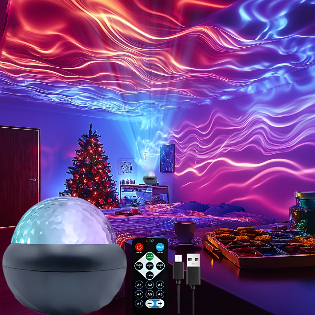 Dreamy 7-Color LED Night Light with Water Ripple Effect - USB Powered, Remote Controlled, Ideal for Creating a Cozy Atmosphere in Any Room. Ideal for Bedroom Ambiance & Special Occasions.