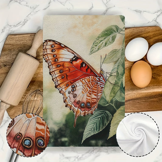 Two pieces of ultra soft kitchen towels featuring a vibrant butterfly design. These highly absorbent and machine washable dish hand towels are perfect for adding a contemporary coastal decor to your kitchen. Each towel measures 40.64x60.96 cm.