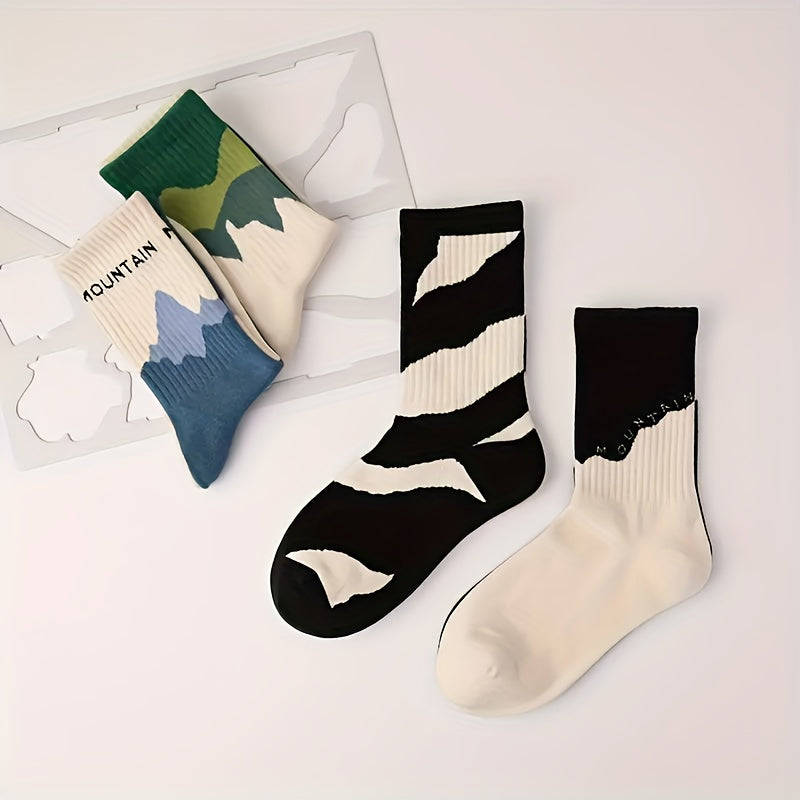 4 unisex mid-calf socks with gradient pattern, 70% polyester, 30% cotton, knit fabric, hand wash only