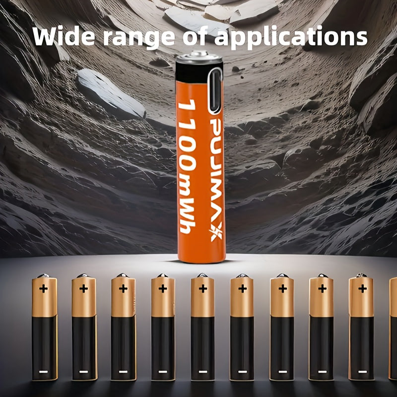 PUJIMAX AAA 1100mWh rechargeable battery with stable voltage and fast USB-C charging, suitable for various devices, includes a complimentary charging cable.