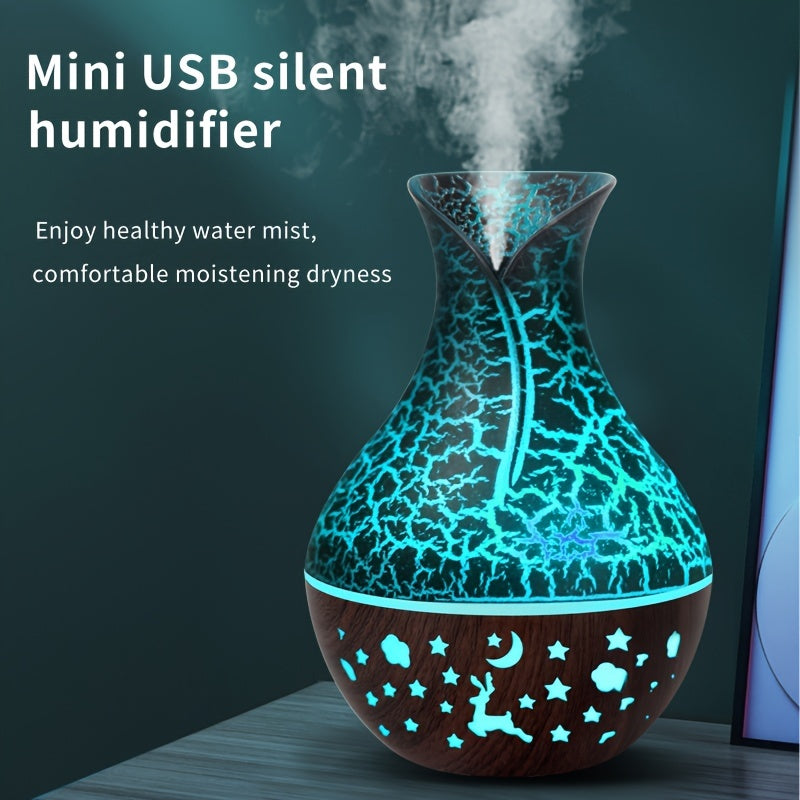 New 150ml vase-shaped air humidifier with hollow wood grain design, LED light, and small night light. USB-powered and automatic shut-off. Ideal for office, home, or bedroom.