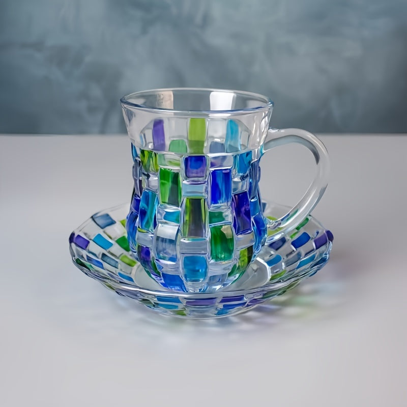 Hand-painted color grid coffee cup and saucer set with European style, perfect for home use.