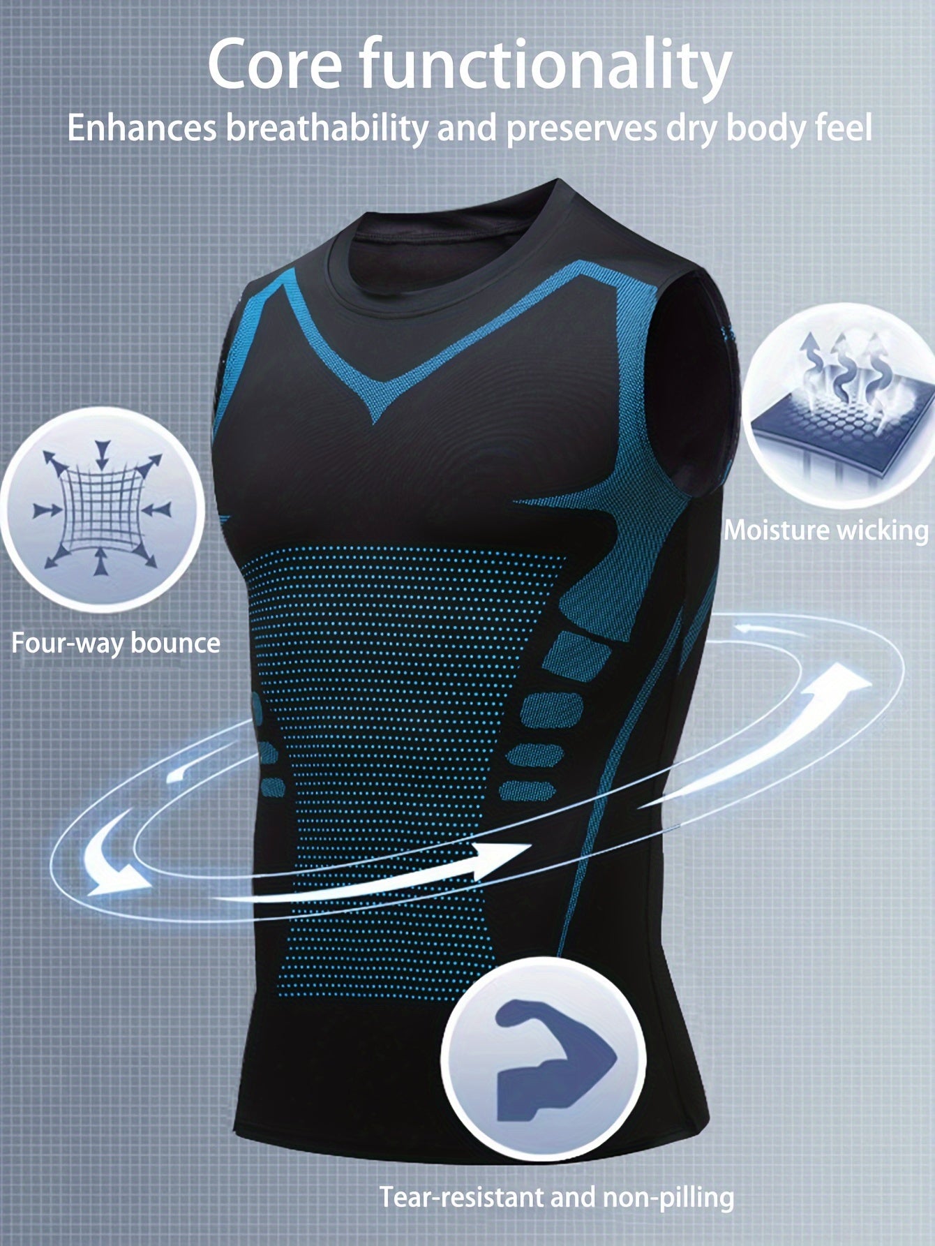 4 Summer Men's Sports Vests with Ion Shaping, Fitness Quick-Dry, Slim-Fit, Tight Training, Compression for Body Shaping.