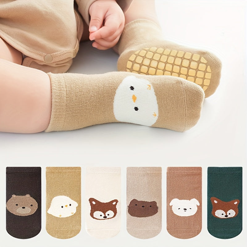 6 pairs of anti-skid cotton socks for toddlers, ideal for all seasons. Cute designs for boys and girls.