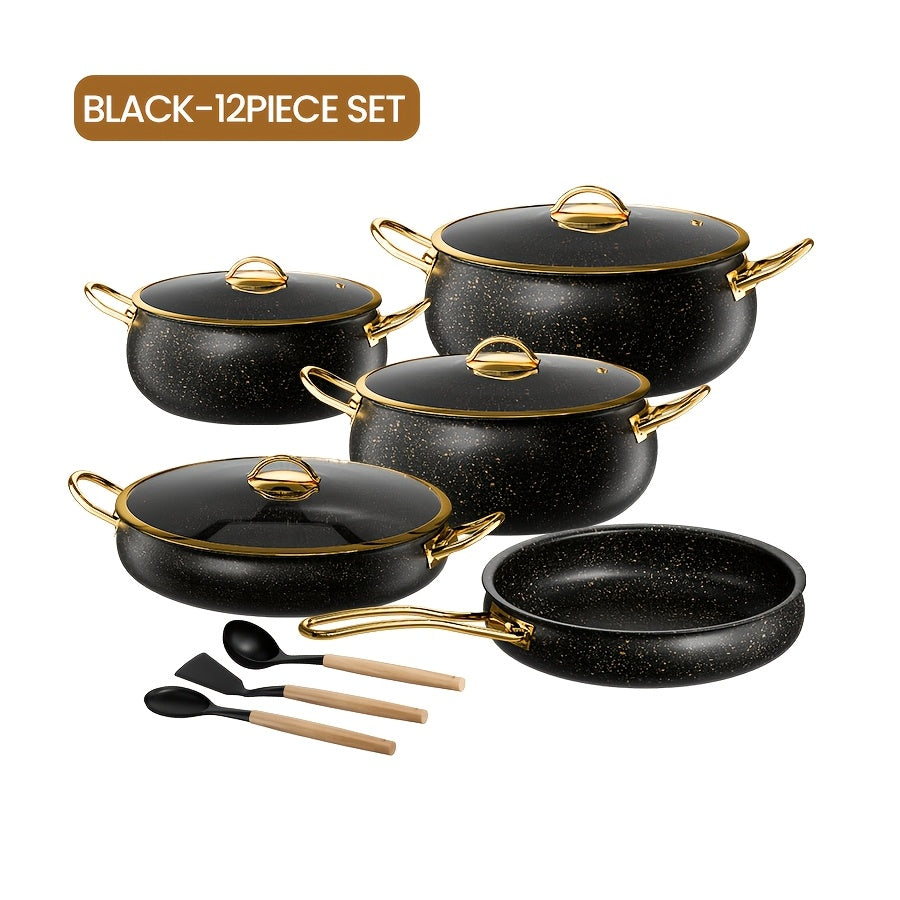 This stainless steel cookware set includes 12 pieces, featuring a triple-layer high-temperature resistant non-stick coating. The set also has golden-plated handles and heat-resistant silicone wood utensils. It is easy to clean, ensures even heat