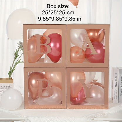 4-piece set of 9.85-inch baby gift box with BABY letters, including a white transparent square box and a transparent balloon box for birthday party decoration and gender reveal gifts (balloons not included).