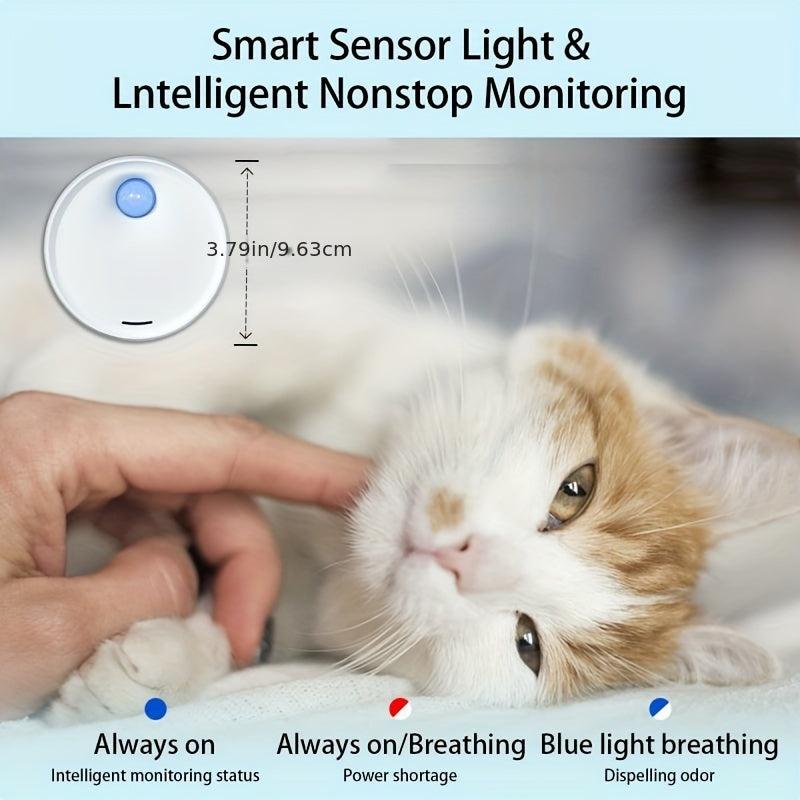 Cat Odor Purifier for Automatic Litter Boxes: Smart device with 24-hour monitoring, pet-friendly, intelligent sensor light, and continuous odor removal for dog and cat toilets.