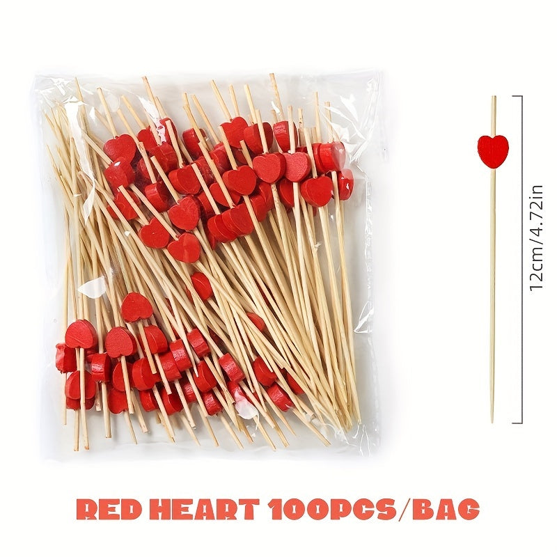 100 artistic bamboo fruit picks with love and plum blossom designs, disposable wooden cocktail decorations.