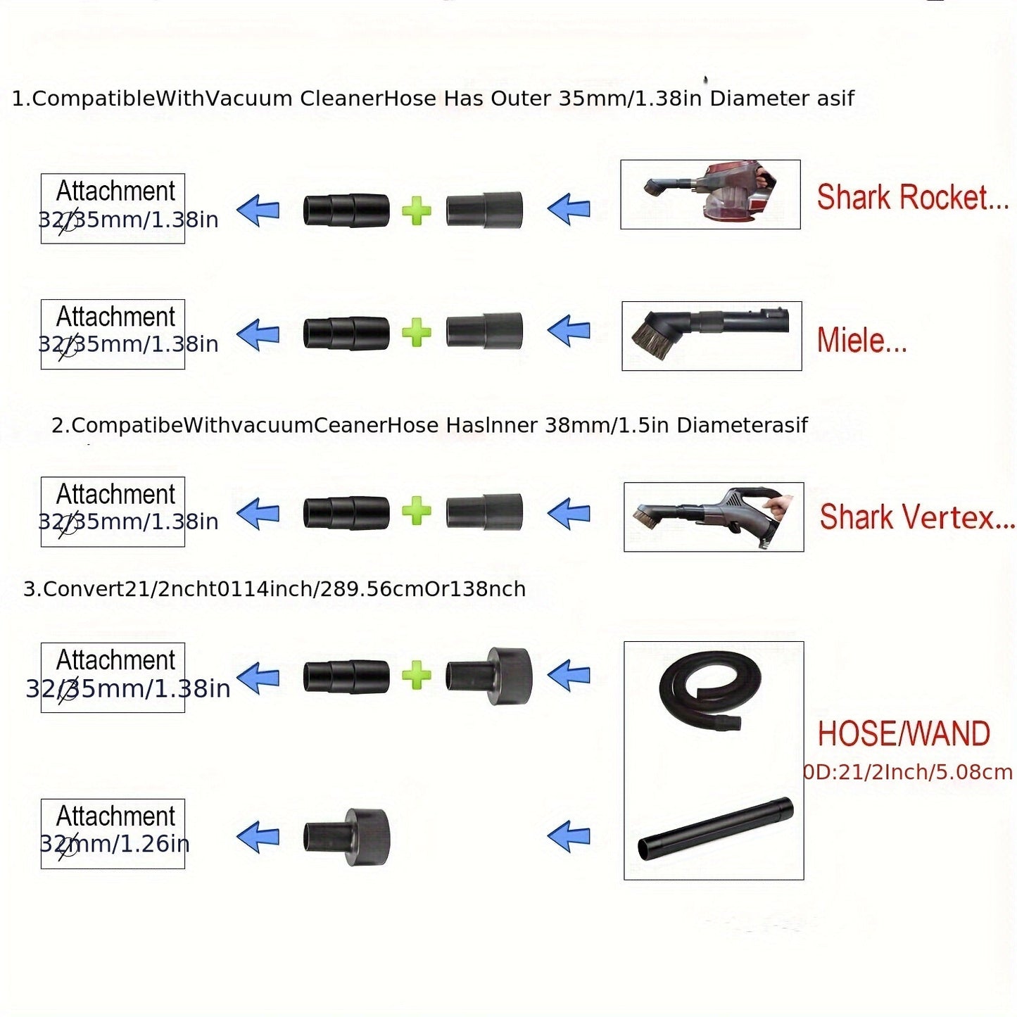 Universal Vacuum Hose Adapter Kit includes 5 pieces of converters, allowing for easy conversion from 3.81cm to 3.81cm and from 4.45cm to 3.25cm dust hose port adapters.