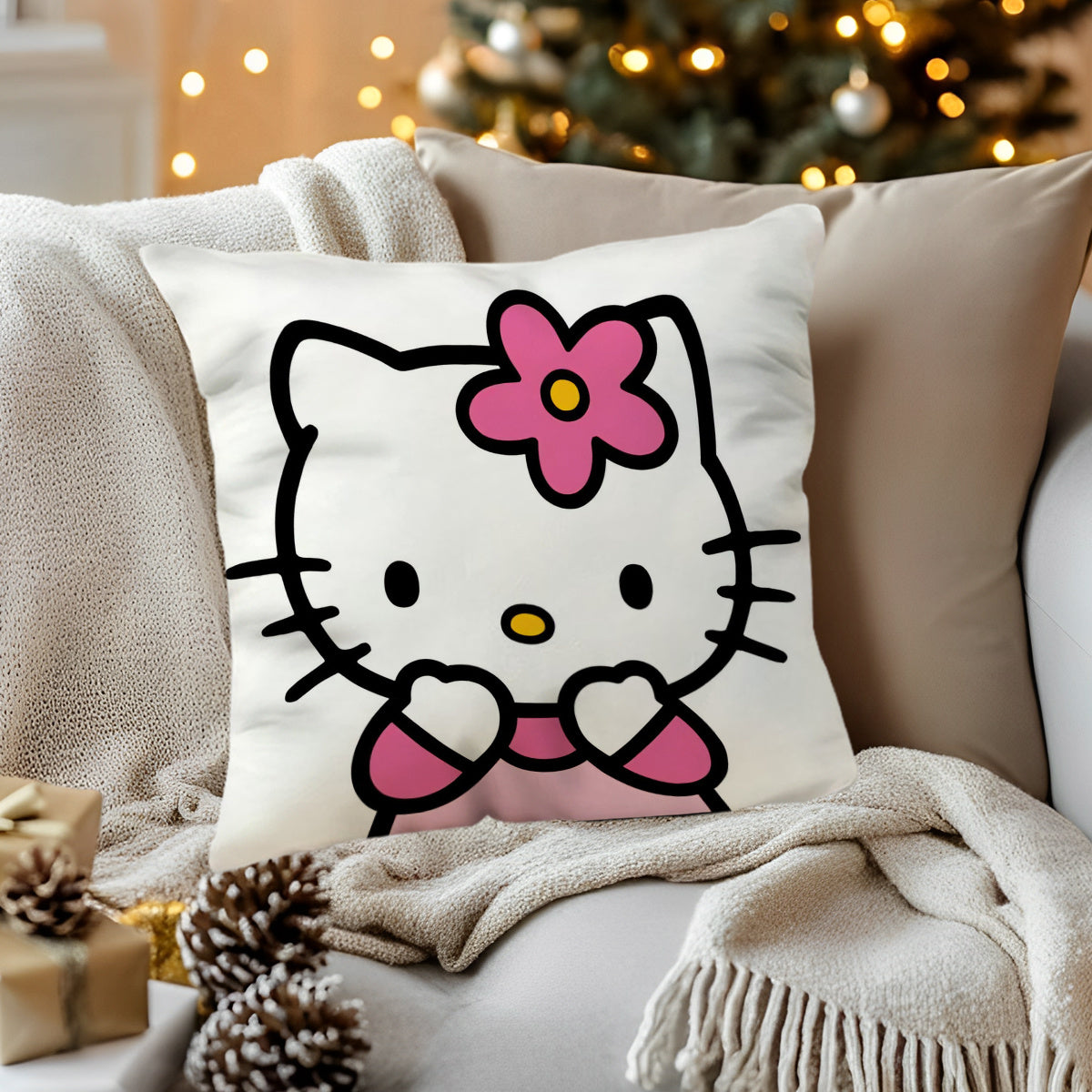 Sanrio Hello Kitty Plush Pillow Cover measuring 45.72x45.72cm - Featuring a charming Cartoon Design with Soft Short Fur and Single-Sided Print. Insert not included. Makes a great gift for Valentine's Day or Christmas, perfect for Home Decor, Bedrooms