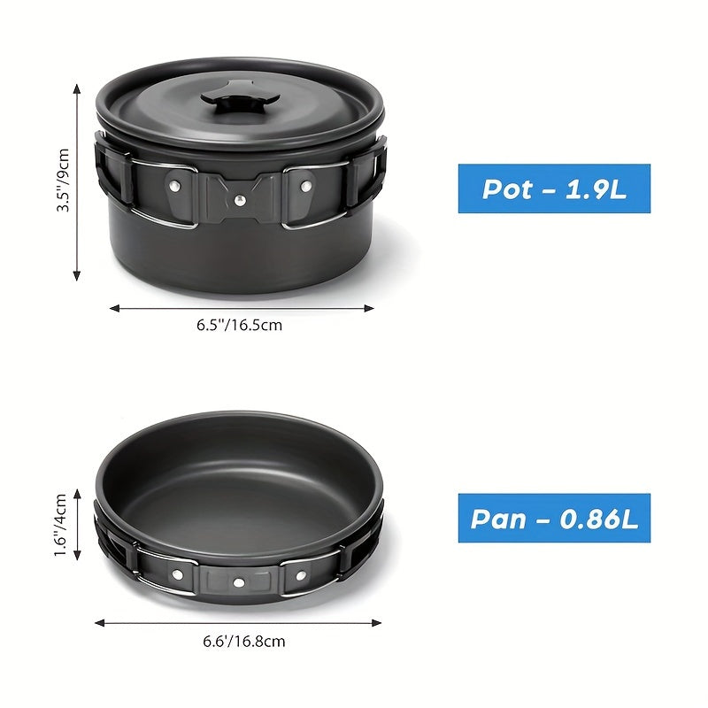 Portable camping cookware set for 2-3 people includes pot, pan, kettle, utensils, and foldable storage.