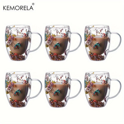 Set of 1/2/4/6, 11.8oz creative double-layer glass mug with real flower filling and handle, 350ml capacity. Made with high borosilicate glass.