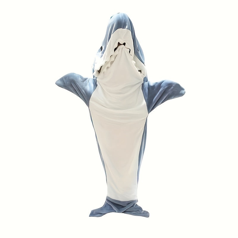 Soft and warm shark-shaped plush fleece sleeping bag, perfect for autumn and winter comfort. This cozy flannel throw blanket is great for couch, sofa, bed, and travel. Comes in gray/white, providing ultimate comfort and style.