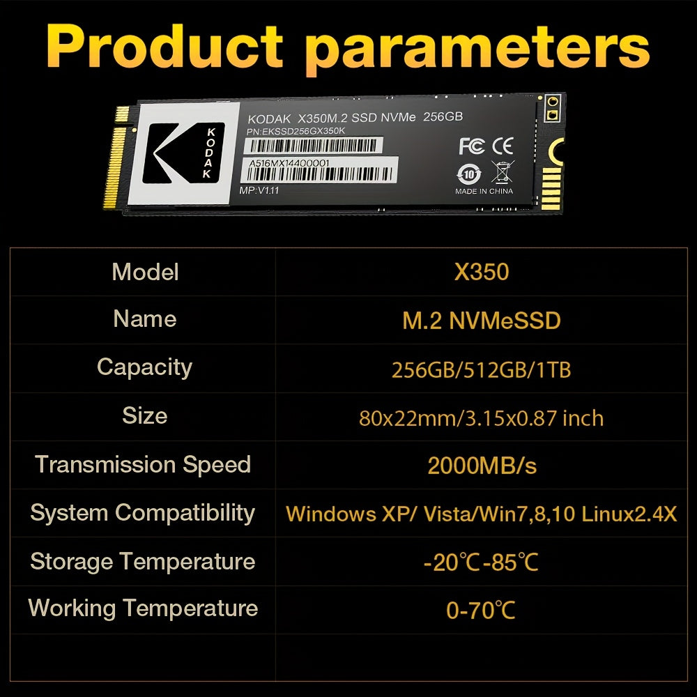 Твердотельный накопитель Kodak SSD M2 NVME, доступный в вариантах 1TB, 512GB и 256GB с скоростью чтения до 2000MB/s для ноутбуков и настольных компьютеров.