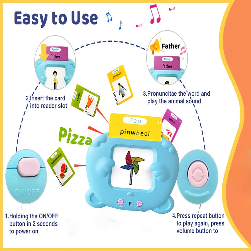 224 out of 510 words describe the Youngsters Talking Flash Card Reader. This product includes 112 double-sided cards in both blue and pink colors. It is rechargeable and serves as an educational interactive toy for children aged 3 and up. The Learning