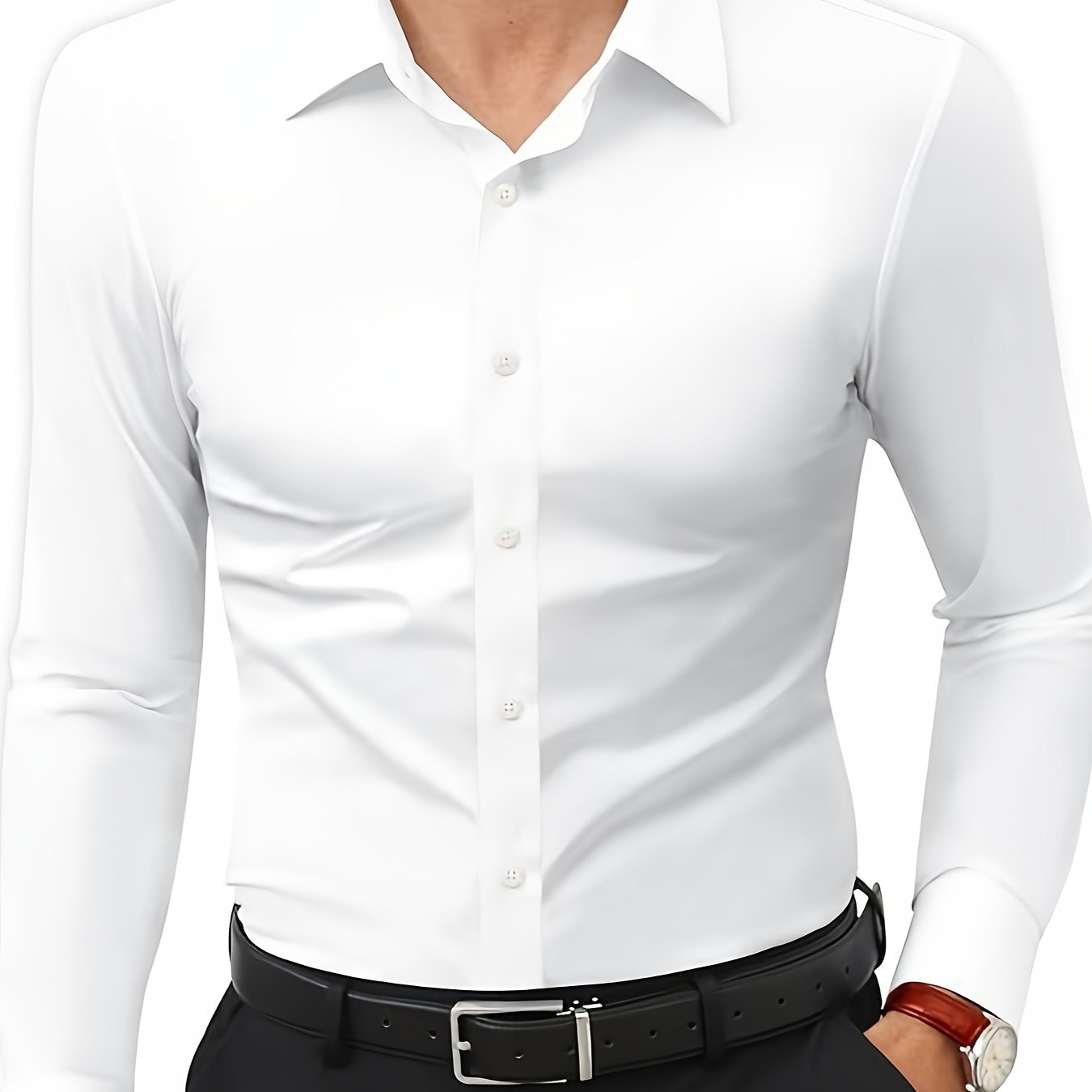 Slim fit long sleeve shirt for men made of 55% cotton, 40% polyester, and 5% spandex. Solid color with lapel collar, button-up closure, and all-season wear. Casual weekend wear, woven