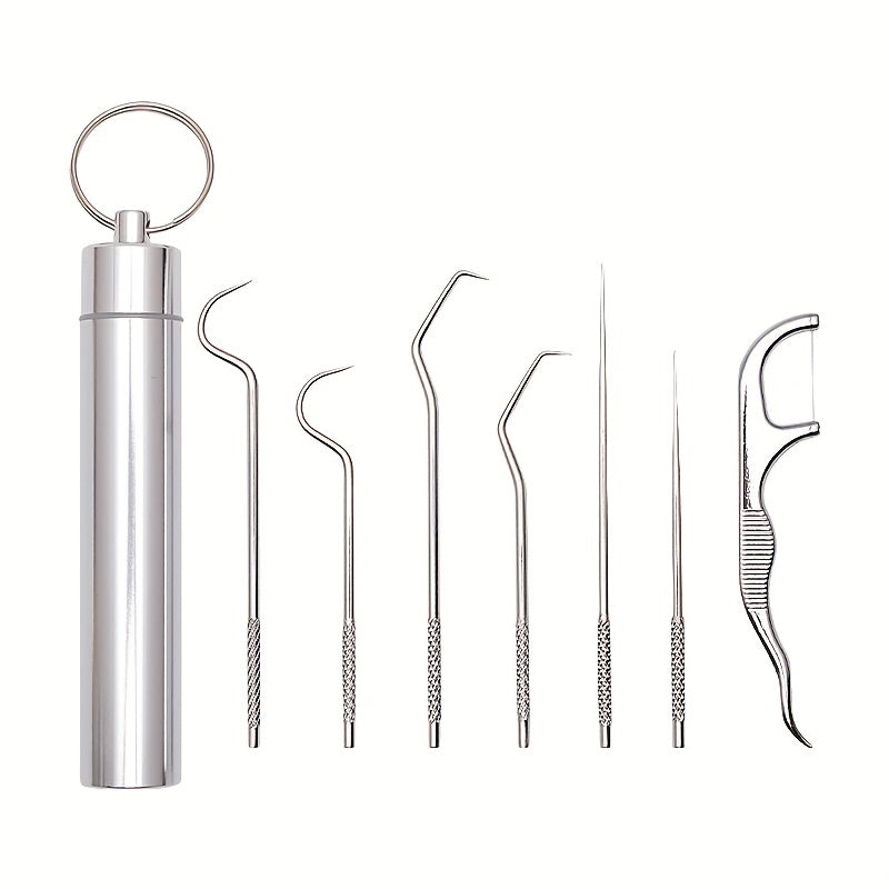 Set of 3/4/7 stainless steel toothpicks for dental cleaning and stain removal. Includes portable metal floss and interdental cleaning gadgets for home, outdoor, and travel use. Perfect for