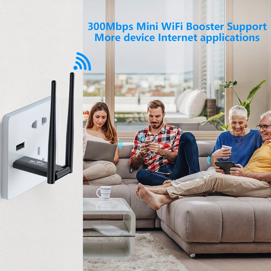 Wireless Repeater Extender boosts WiFi signal for upstairs and downstairs areas with dead spots, providing 300Mbps network speed.