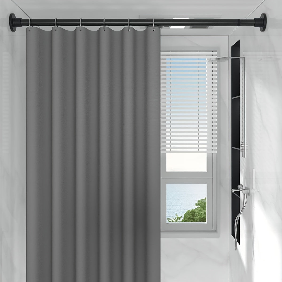 Telescopic rod with built-in spring provides strong gravity support for various uses such as shower curtains, drying racks, window treatments, Roman rods, and wardrobe support.